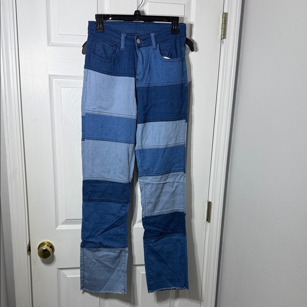 Source Unknown Women's Straight Leg Blue Patchwork Jeans